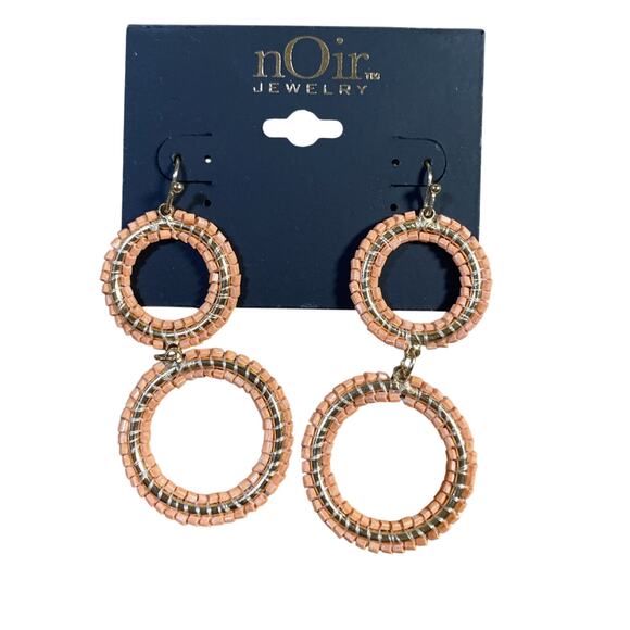 NOIR Gold tone Peach Beaded Circle Dangle Party Earrings - Picture 1 of 4